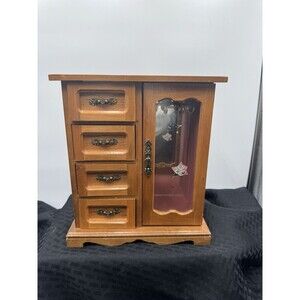 Vintage 1980s Wooden Jewelry Armoire Box Floral Glass Door 4 Drawers Mirror 11"